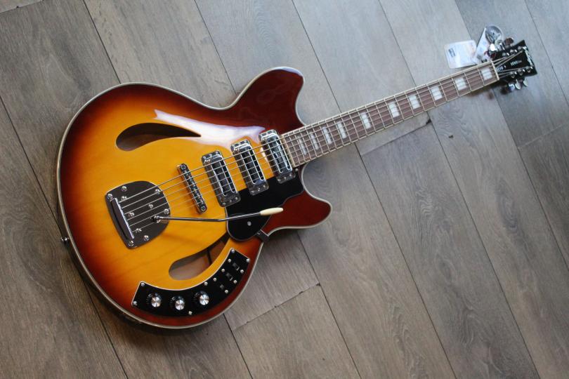 VINTAGE REVO Series 'Custom Supreme' Baritone VI Semi-Acoustic Guitar ~ Tobacco Sunburst