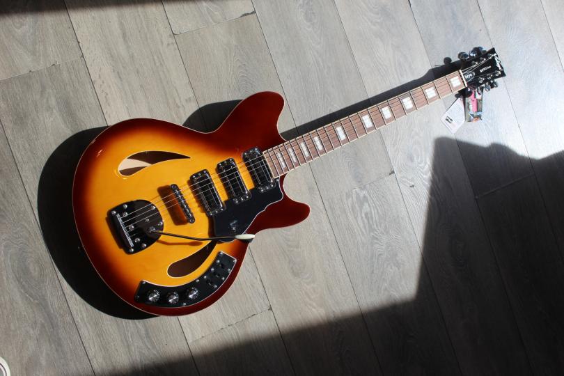VINTAGE REVO Series 'Custom Supreme' Baritone VI Semi-Acoustic Guitar ~ Tobacco Sunburst
